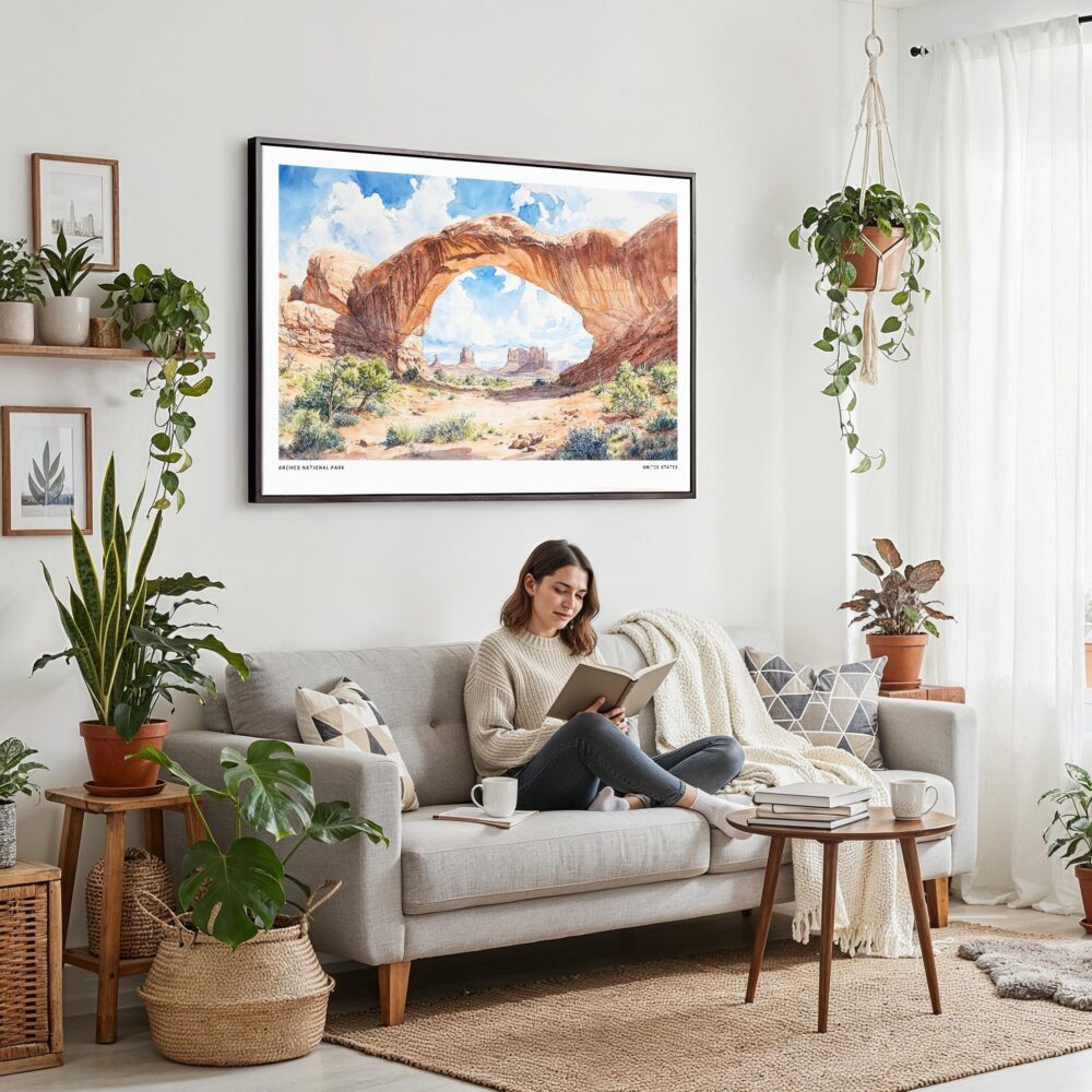 02 - Framed Arches National Park Watercolor - Horizontal Canvas Print - Boho Living Room with Woman reading.jpg 02 - Framed Arches National Park Watercolor - Horizontal Canvas Print - Boho Living Room with Woman reading.jpg