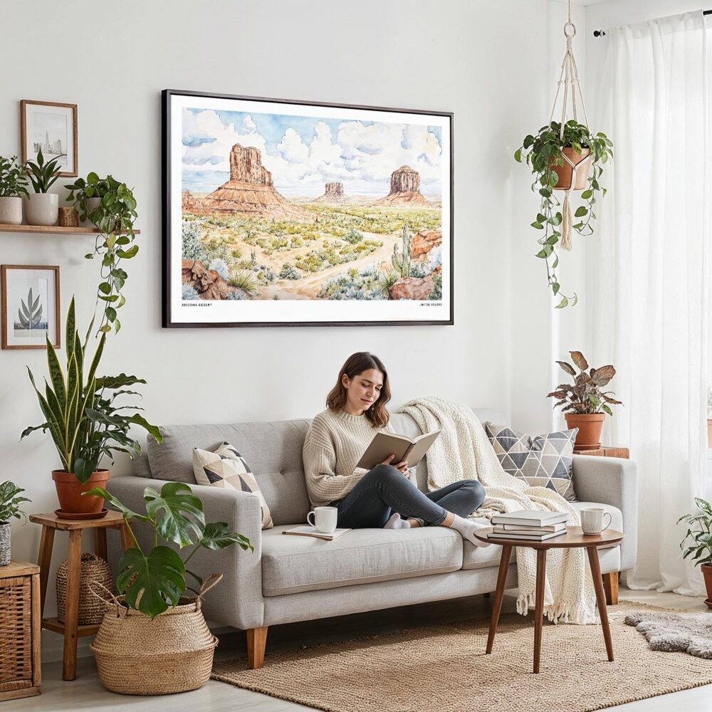 02 - Framed Arizona Desert Watercolor - Horizontal Canvas Print - Boho Living Room with Woman reading.jpg 02 - Framed Arizona Desert Watercolor - Horizontal Canvas Print - Boho Living Room with Woman reading.jpg