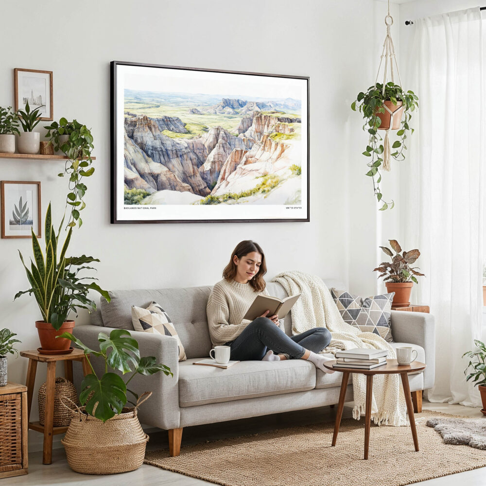 02 - Framed Badlands National Park Watercolor - Horizontal Canvas Print - Boho Living Room with Woman reading.jpg 02 - Framed Badlands National Park Watercolor - Horizontal Canvas Print - Boho Living Room with Woman reading.jpg