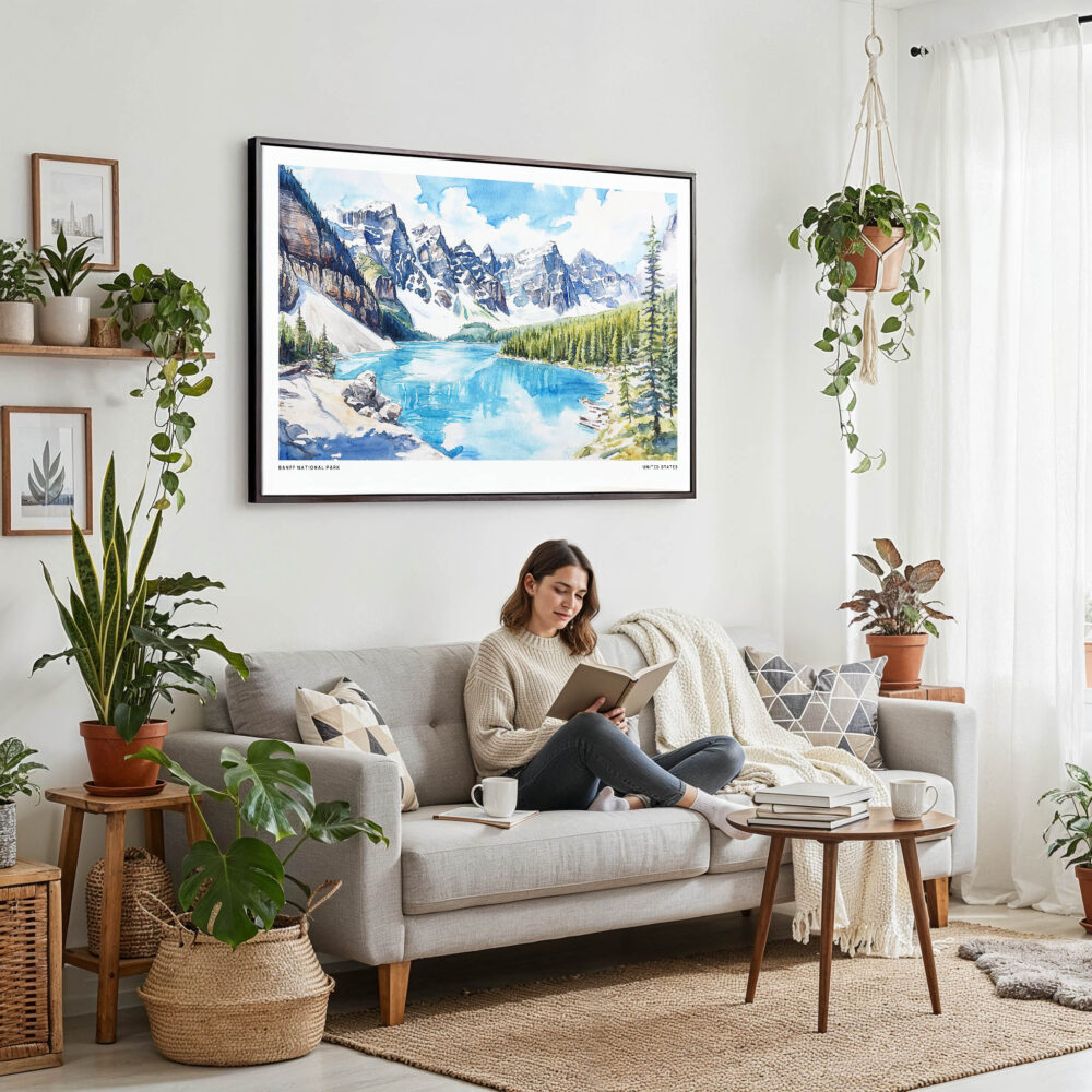 02 - Framed Banff National Park Watercolor - Horizontal Canvas Print - Boho Living Room with Woman reading.jpg 02 - Framed Banff National Park Watercolor - Horizontal Canvas Print - Boho Living Room with Woman reading.jpg