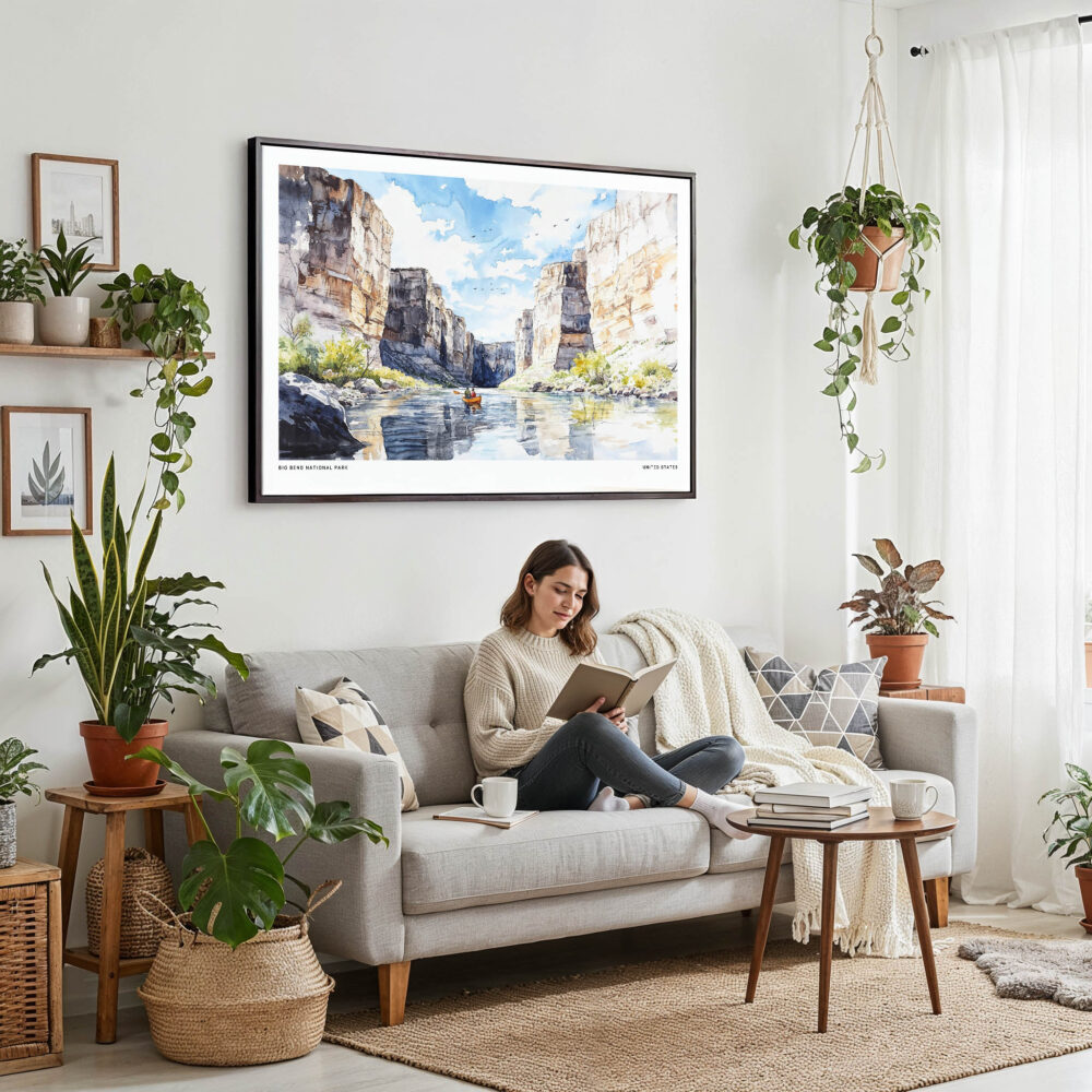 02 - Framed Big Bend National Park Watercolor - Horizontal Canvas Print - Boho Living Room with Woman reading.jpg 02 - Framed Big Bend National Park Watercolor - Horizontal Canvas Print - Boho Living Room with Woman reading.jpg