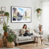 02 - Framed Big Bend National Park Watercolor - Horizontal Canvas Print - Boho Living Room with Woman reading.jpg