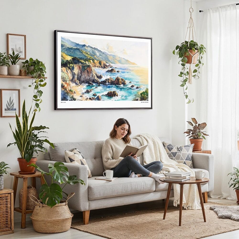 02 - Framed Big Sur Watercolor - Horizontal Canvas Print - Boho Living Room with Woman reading.jpg 02 - Framed Big Sur Watercolor - Horizontal Canvas Print - Boho Living Room with Woman reading.jpg