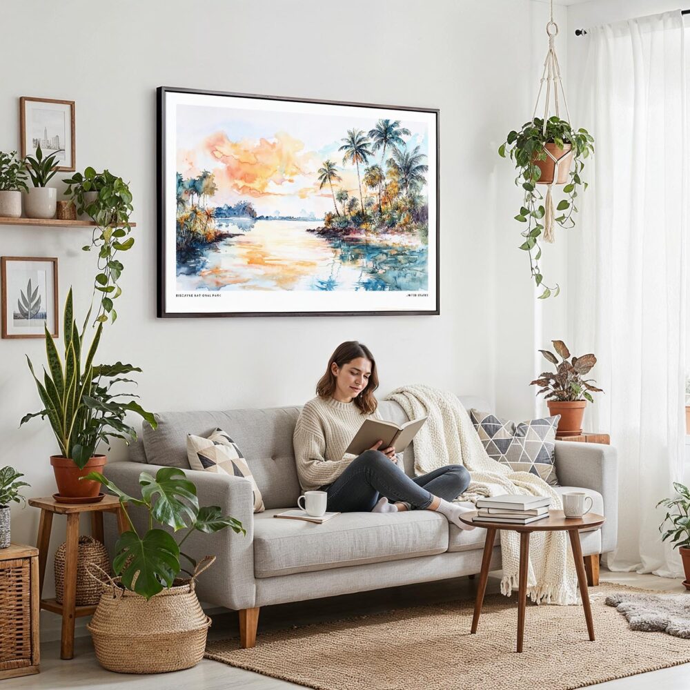 02 - Framed Biscayne National Park Watercolor - Horizontal Canvas Print - Boho Living Room with Woman reading.jpg 02 - Framed Biscayne National Park Watercolor - Horizontal Canvas Print - Boho Living Room with Woman reading.jpg