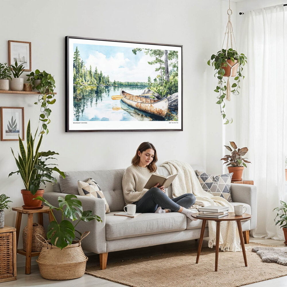 02 - Framed Boundary Waters Watercolor - Horizontal Canvas Print - Boho Living Room with Woman reading.jpg 02 - Framed Boundary Waters Watercolor - Horizontal Canvas Print - Boho Living Room with Woman reading.jpg