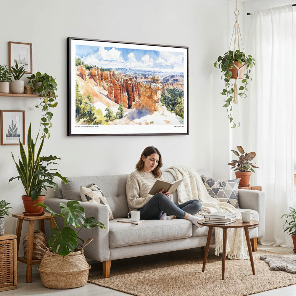 02 - Framed Bryce Canyon National Park Watercolor - Horizontal Canvas Print - Boho Living Room with Woman reading.jpg 02 - Framed Bryce Canyon National Park Watercolor - Horizontal Canvas Print - Boho Living Room with Woman reading.jpg