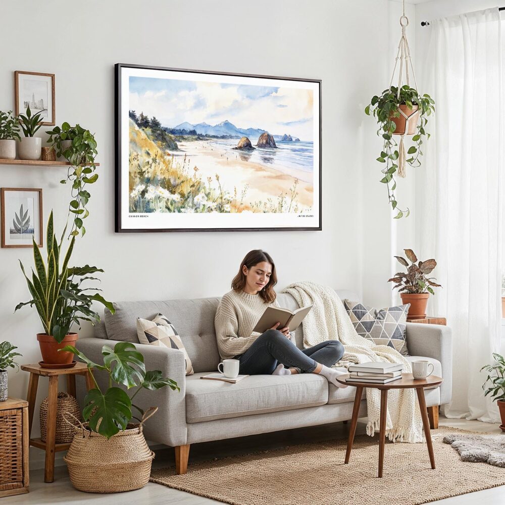 02 - Framed Cannon Beach Watercolor - Horizontal Canvas Print - Boho Living Room with Woman reading.jpg 02 - Framed Cannon Beach Watercolor - Horizontal Canvas Print - Boho Living Room with Woman reading.jpg