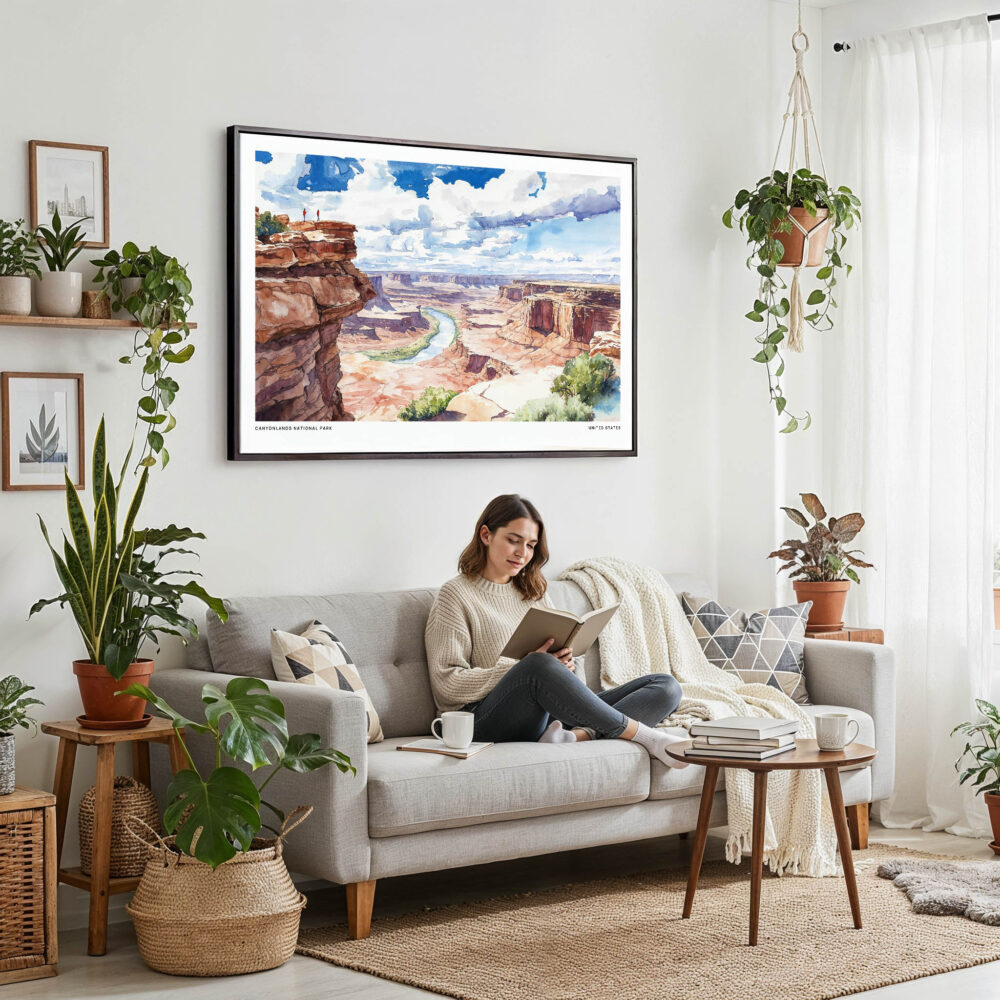 02 - Framed Canyonlands National Park Watercolor - Horizontal Canvas Print - Boho Living Room with Woman reading.jpg 02 - Framed Canyonlands National Park Watercolor - Horizontal Canvas Print - Boho Living Room with Woman reading.jpg
