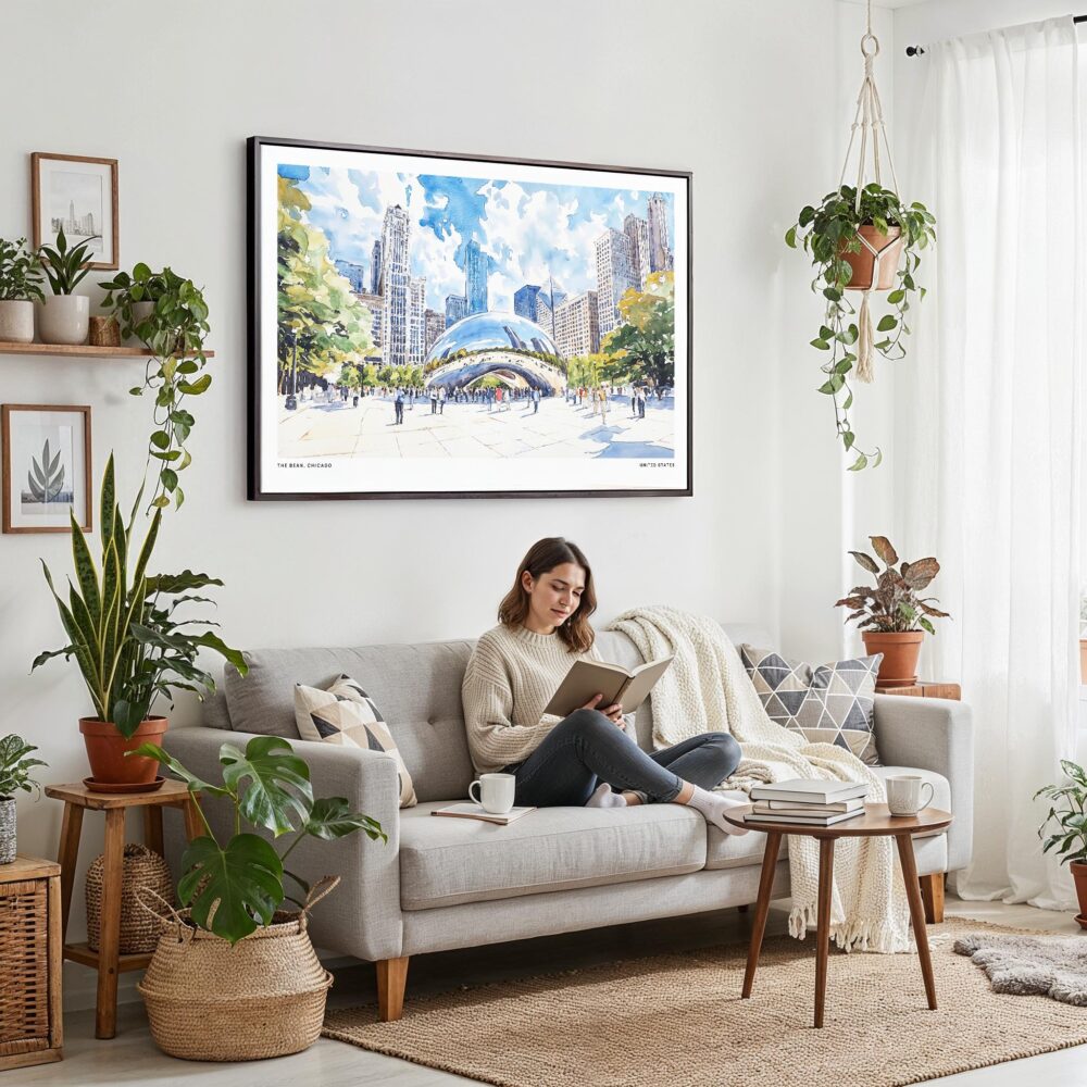 02 - Framed Chicago Cloud Gate Watercolor Art - Horizontal Canvas Print - Boho Living Room with Woman reading.jpg 02 - Framed Chicago Cloud Gate Watercolor Art - Horizontal Canvas Print - Boho Living Room with Woman reading.jpg