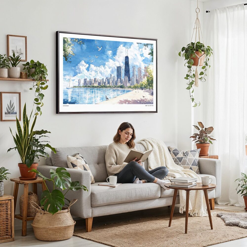 02 - Framed Chicago Skyline Watercolor Art - Horizontal Canvas Print - Boho Living Room with Woman reading.jpg 02 - Framed Chicago Skyline Watercolor Art - Horizontal Canvas Print - Boho Living Room with Woman reading.jpg