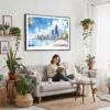 02 - Framed Chicago Skyline Watercolor Art - Horizontal Canvas Print - Boho Living Room with Woman reading.jpg