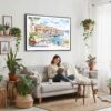 02 - Framed Coffee in Porto Portugal Watercolor Art - Horizontal Canvas Print - Boho Living Room with Woman reading.jpg