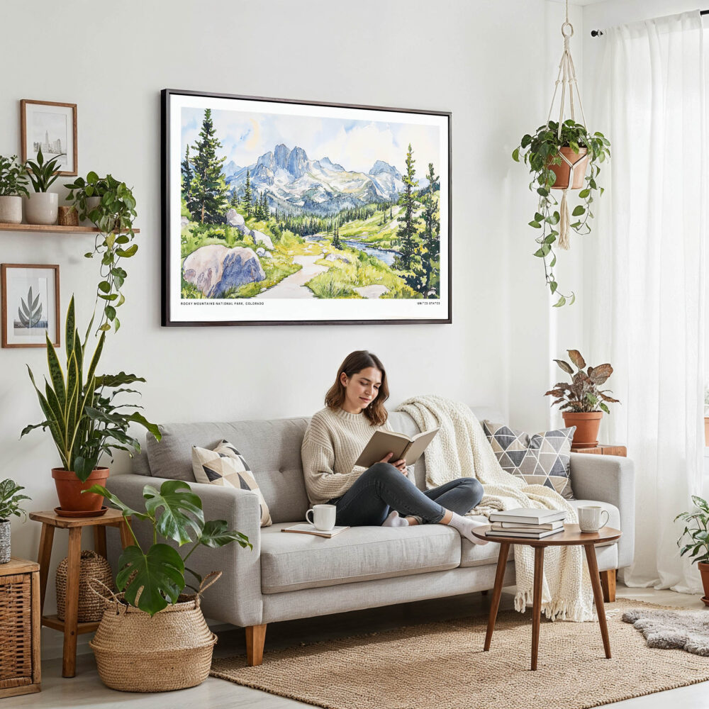 02 - Framed Colorado Rocky Mountains National Park Watercolor - Horizontal Canvas Print - Boho Living Room with Woman reading.jpg 02 - Framed Colorado Rocky Mountains National Park Watercolor - Horizontal Canvas Print - Boho Living Room with Woman reading.jpg