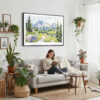 02 - Framed Colorado Rocky Mountains National Park Watercolor - Horizontal Canvas Print - Boho Living Room with Woman reading.jpg
