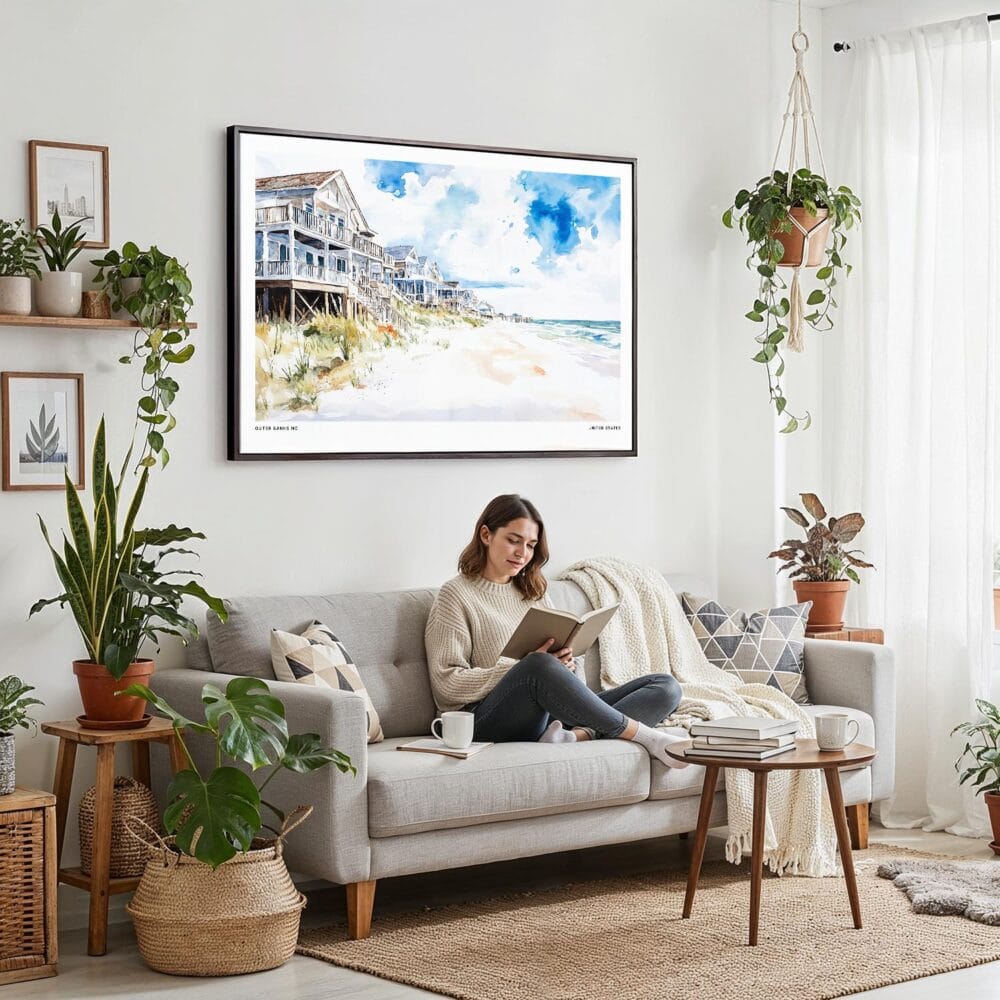 02 - Framed Cottages at Outer Banks NC Watercolor - Horizontal Canvas Print - Boho Living Room with Woman reading.jpg 02 - Framed Cottages at Outer Banks NC Watercolor - Horizontal Canvas Print - Boho Living Room with Woman reading.jpg