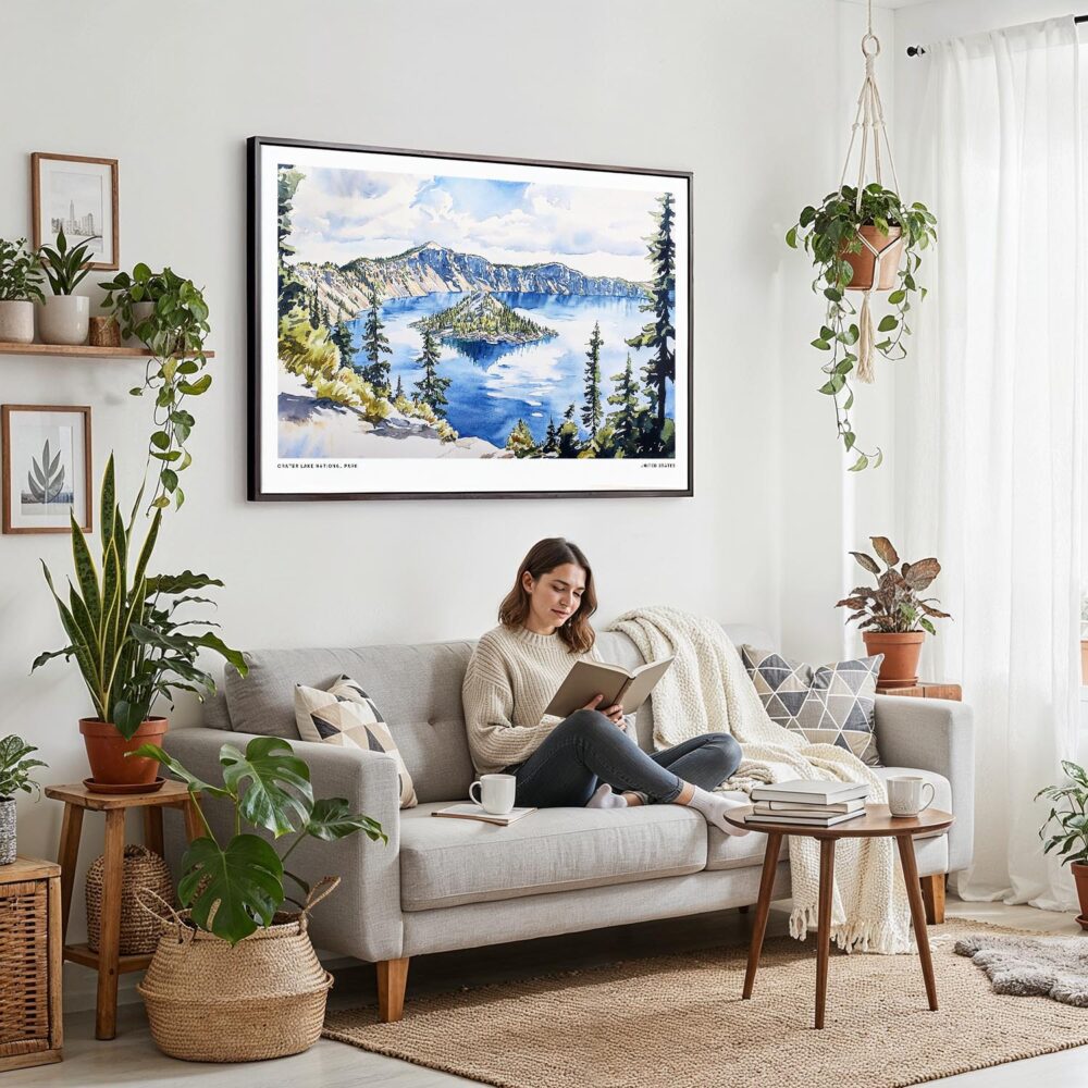 02 - Framed Crater Lake National Park Watercolor - Horizontal Canvas Print - Boho Living Room with Woman reading.jpg 02 - Framed Crater Lake National Park Watercolor - Horizontal Canvas Print - Boho Living Room with Woman reading.jpg
