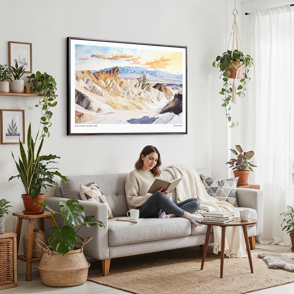 02 - Framed Death Valley National Park Watercolor - Horizontal Canvas Print - Boho Living Room with Woman reading.jpg 02 - Framed Death Valley National Park Watercolor - Horizontal Canvas Print - Boho Living Room with Woman reading.jpg