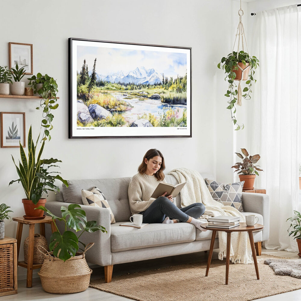 02 - Framed Denali National Park Watercolor - Horizontal Canvas Print - Boho Living Room with Woman reading.jpg 02 - Framed Denali National Park Watercolor - Horizontal Canvas Print - Boho Living Room with Woman reading.jpg