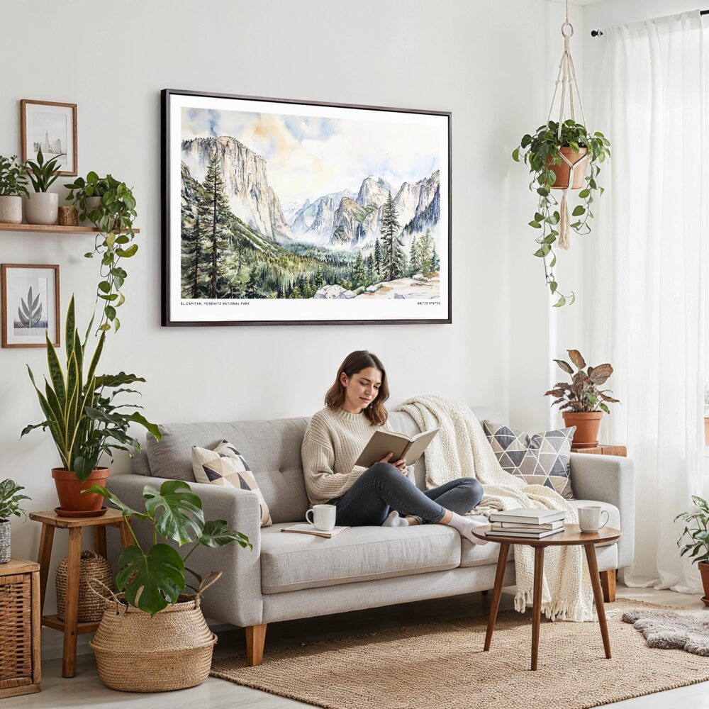 02 - Framed El Capitan Watercolor - Horizontal Canvas Print - Boho Living Room with Woman reading.jpg 02 - Framed El Capitan Watercolor - Horizontal Canvas Print - Boho Living Room with Woman reading.jpg