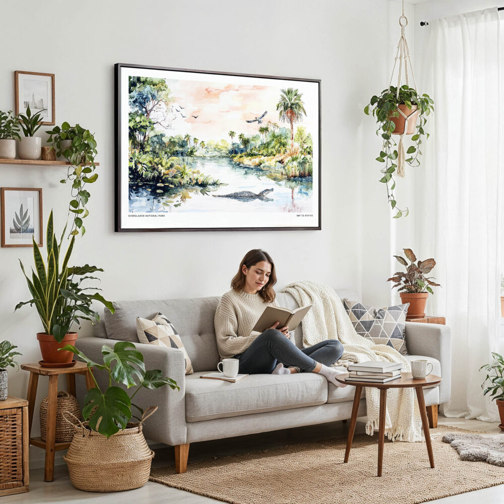 02 - Framed Everglades National Park Watercolor - Horizontal Canvas Print - Boho Living Room with Woman reading.jpg 02 - Framed Everglades National Park Watercolor - Horizontal Canvas Print - Boho Living Room with Woman reading.jpg