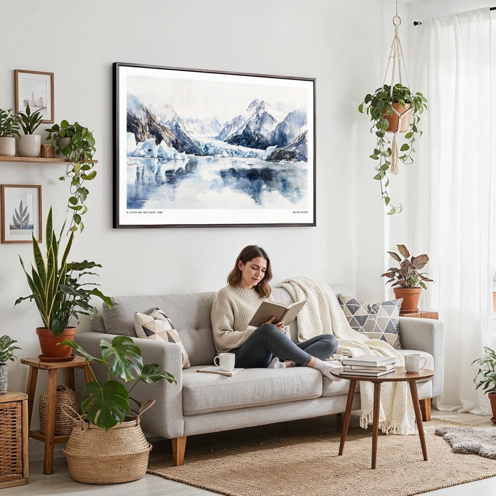 02 - Framed Glacier Bay National Park Watercolor - Horizontal Canvas Print - Boho Living Room with Woman reading.jpg 02 - Framed Glacier Bay National Park Watercolor - Horizontal Canvas Print - Boho Living Room with Woman reading.jpg