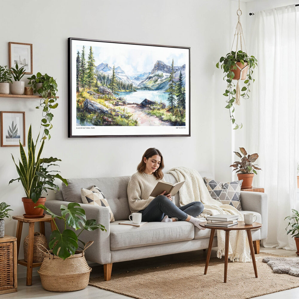 02 - Framed Glacier National Park Watercolor - Horizontal Canvas Print - Boho Living Room with Woman reading.jpg 02 - Framed Glacier National Park Watercolor - Horizontal Canvas Print - Boho Living Room with Woman reading.jpg