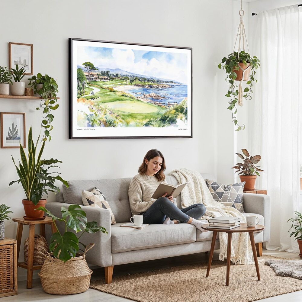 02 - Framed Golf at Pebble Beach Watercolor - Horizontal Canvas Print - Boho Living Room with Woman reading.jpg 02 - Framed Golf at Pebble Beach Watercolor - Horizontal Canvas Print - Boho Living Room with Woman reading.jpg