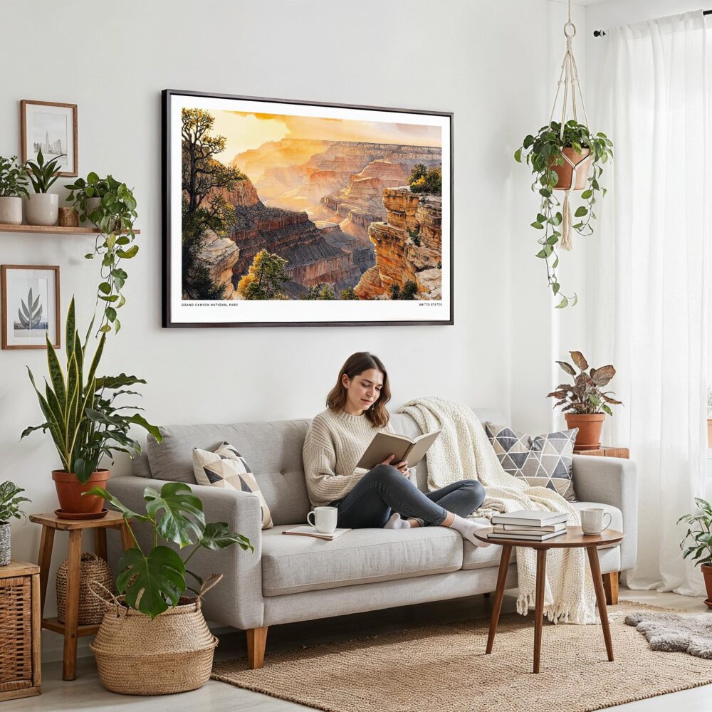 02 - Framed Grand Canyon National Park Watercolor - Horizontal Canvas Print - Boho Living Room with Woman reading.jpg 02 - Framed Grand Canyon National Park Watercolor - Horizontal Canvas Print - Boho Living Room with Woman reading.jpg