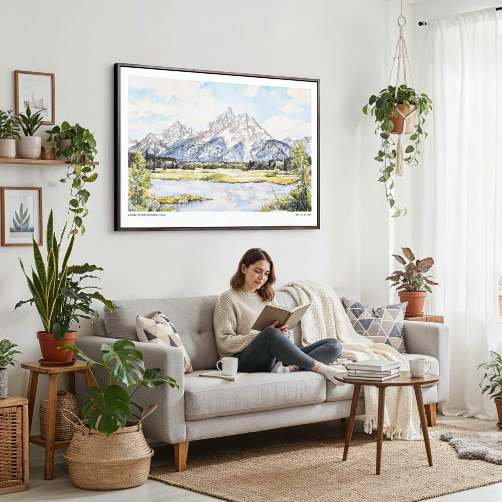 02 - Framed Grand Teton National Park Watercolor - Horizontal Canvas Print - Boho Living Room with Woman reading.jpg 02 - Framed Grand Teton National Park Watercolor - Horizontal Canvas Print - Boho Living Room with Woman reading.jpg