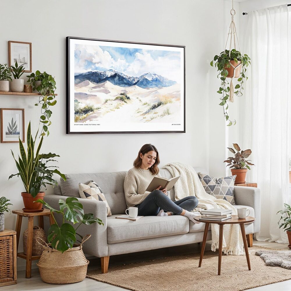 02 - Framed Great Sand Dunes National Park Watercolor - Horizontal Canvas Print - Boho Living Room with Woman reading.jpg 02 - Framed Great Sand Dunes National Park Watercolor - Horizontal Canvas Print - Boho Living Room with Woman reading.jpg
