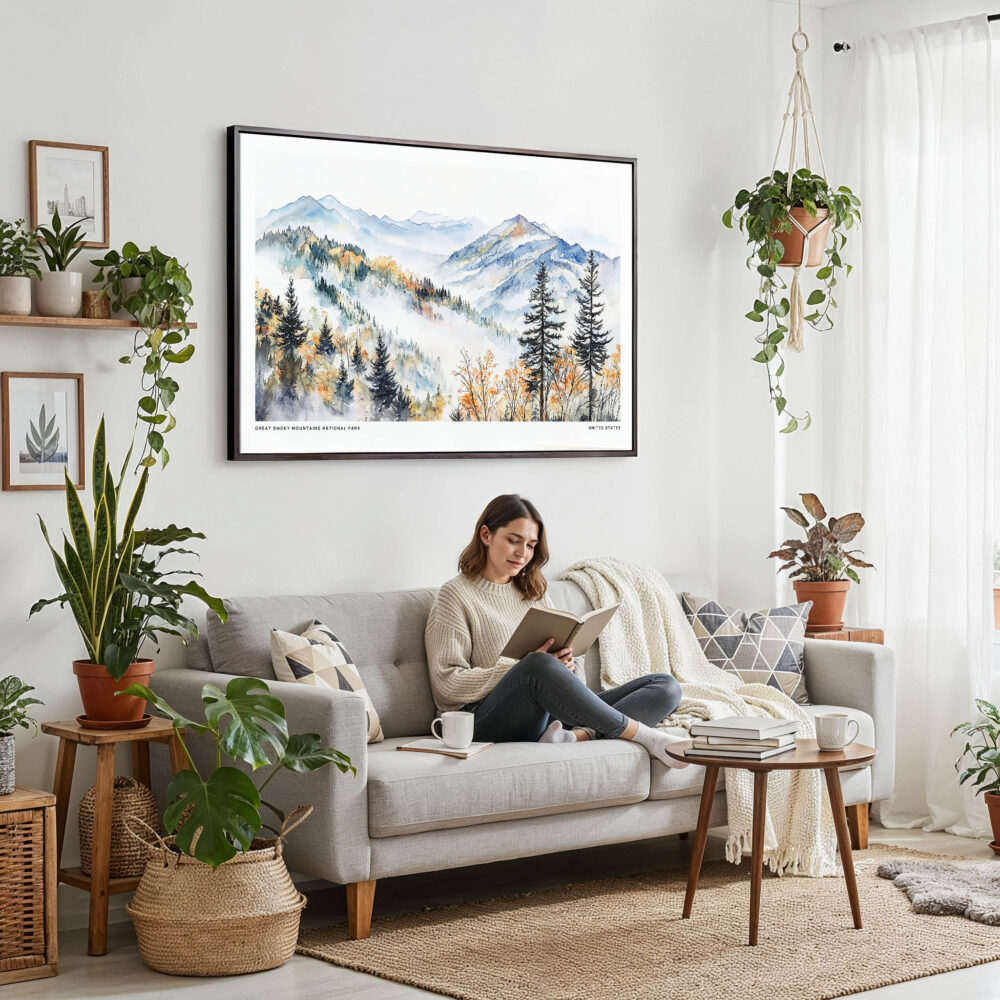 02 - Framed Great Smoky Mountains National Park Watercolor - Horizontal Canvas Print - Boho Living Room with Woman reading.jpg 02 - Framed Great Smoky Mountains National Park Watercolor - Horizontal Canvas Print - Boho Living Room with Woman reading.jpg