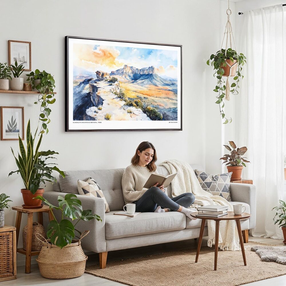 02 - Framed Guadalupe Mountains National Park Watercolor - Horizontal Canvas Print - Boho Living Room with Woman reading.jpg 02 - Framed Guadalupe Mountains National Park Watercolor - Horizontal Canvas Print - Boho Living Room with Woman reading.jpg