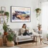 02 - Framed Haleakala National Park Watercolor - Horizontal Canvas Print - Boho Living Room with Woman reading.jpg