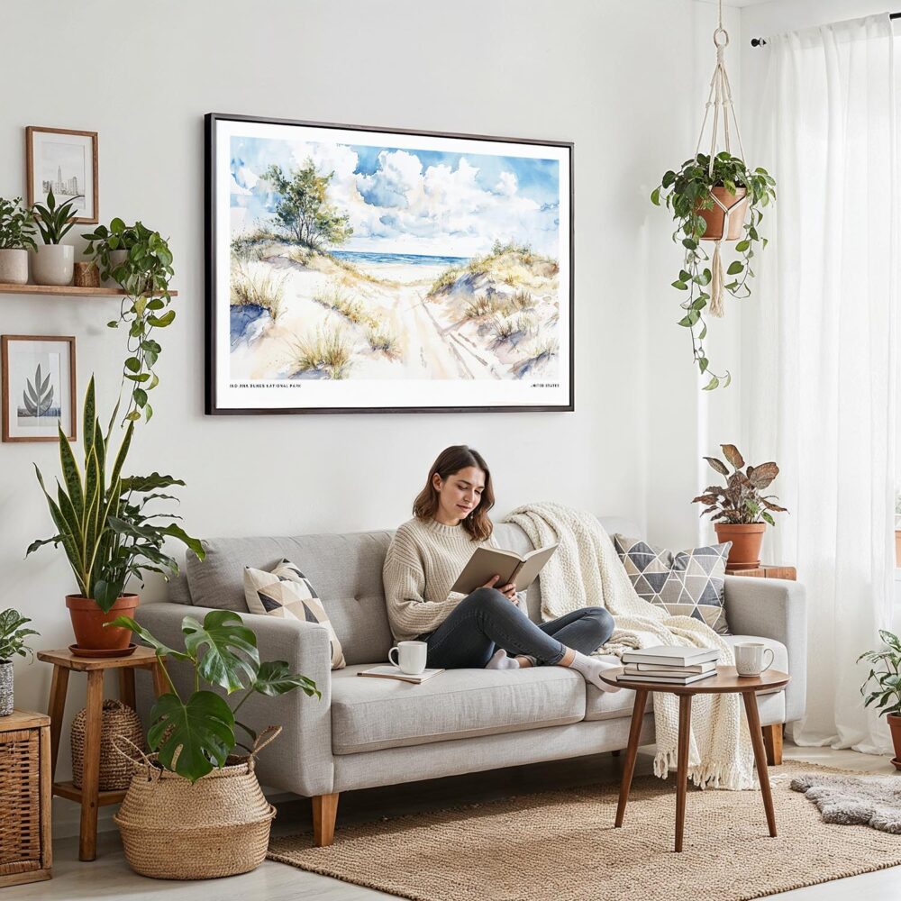 02 - Framed Indiana Dunes National Park Watercolor - Horizontal Canvas Print - Boho Living Room with Woman reading.jpg 02 - Framed Indiana Dunes National Park Watercolor - Horizontal Canvas Print - Boho Living Room with Woman reading.jpg