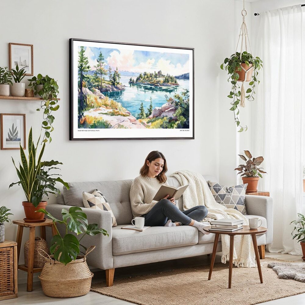 02 - Framed Isle Royale National Park Watercolor - Horizontal Canvas Print - Boho Living Room with Woman reading.jpg 02 - Framed Isle Royale National Park Watercolor - Horizontal Canvas Print - Boho Living Room with Woman reading.jpg