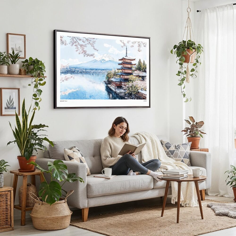 02 - Framed Japan Mount Fuji Watercolor Art - Horizontal Canvas Print - Boho Living Room with Woman reading.jpg 02 - Framed Japan Mount Fuji Watercolor Art - Horizontal Canvas Print - Boho Living Room with Woman reading.jpg