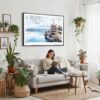 02 - Framed Japan Mount Fuji Watercolor Art - Horizontal Canvas Print - Boho Living Room with Woman reading.jpg