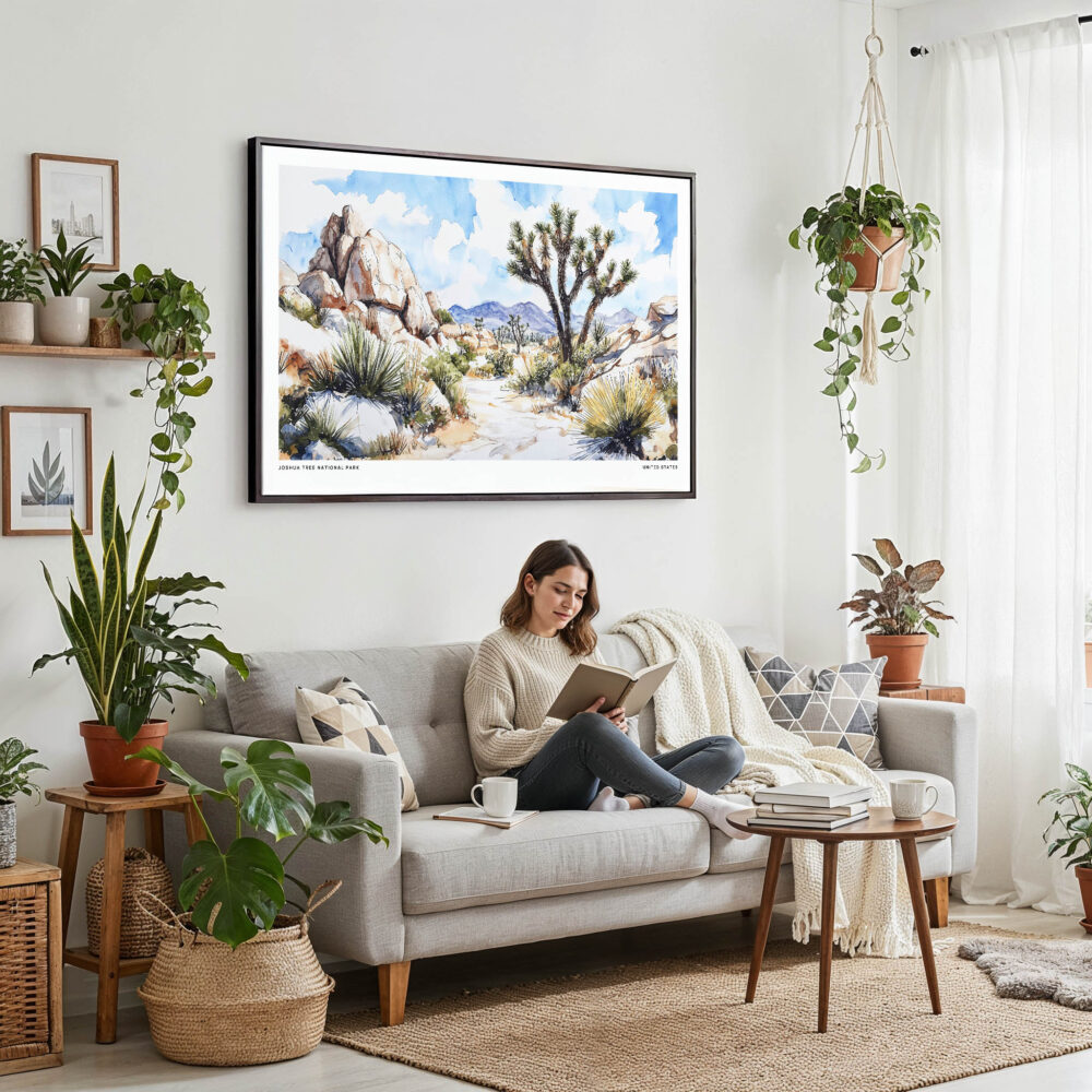02 - Framed Joshua Tree National Park Watercolor - Horizontal Canvas Print - Boho Living Room with Woman reading.jpg 02 - Framed Joshua Tree National Park Watercolor - Horizontal Canvas Print - Boho Living Room with Woman reading.jpg
