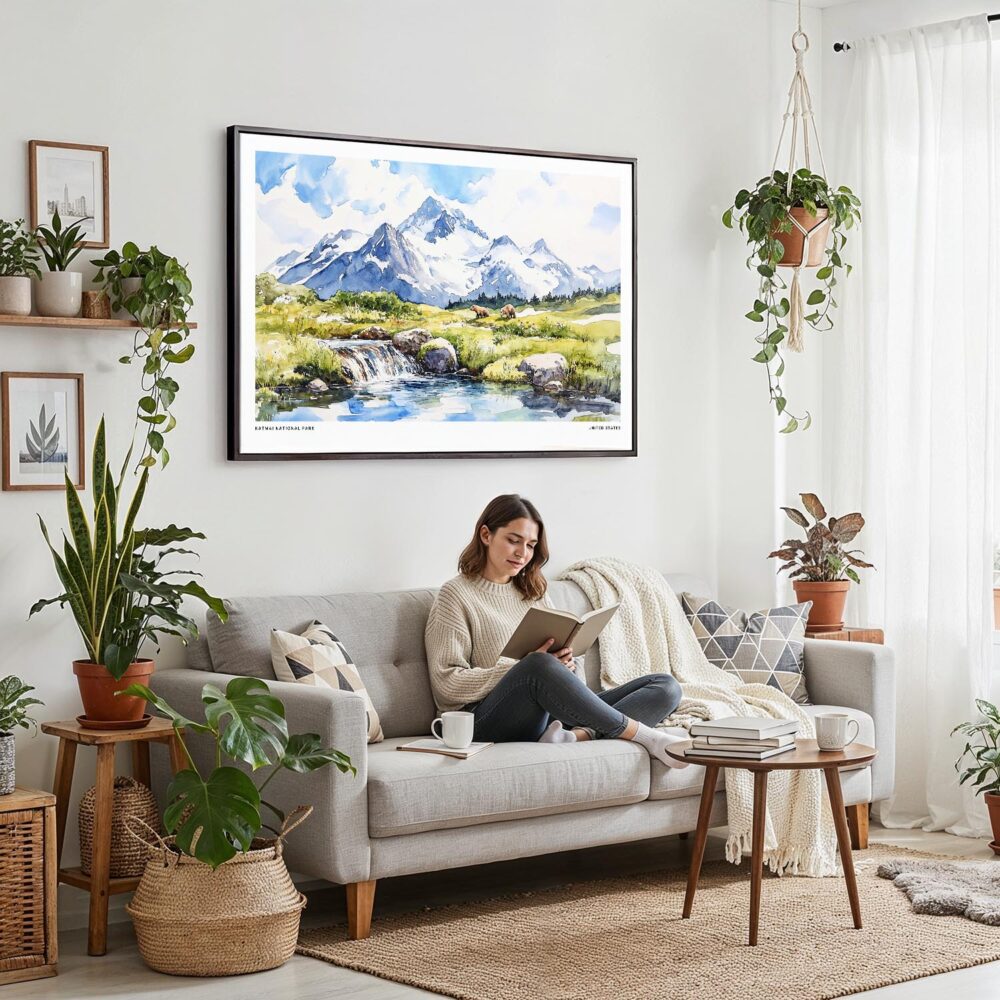 02 - Framed Katmai National Park Watercolor - Horizontal Canvas Print - Boho Living Room with Woman reading.jpg 02 - Framed Katmai National Park Watercolor - Horizontal Canvas Print - Boho Living Room with Woman reading.jpg