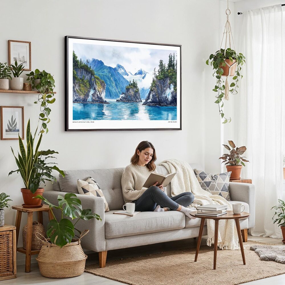 02 - Framed Kenai Fjords National Park Watercolor - Horizontal Canvas Print - Boho Living Room with Woman reading.jpg 02 - Framed Kenai Fjords National Park Watercolor - Horizontal Canvas Print - Boho Living Room with Woman reading.jpg