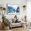 02 - Framed Kenai Fjords National Park Watercolor - Horizontal Canvas Print - Boho Living Room with Woman reading.jpg