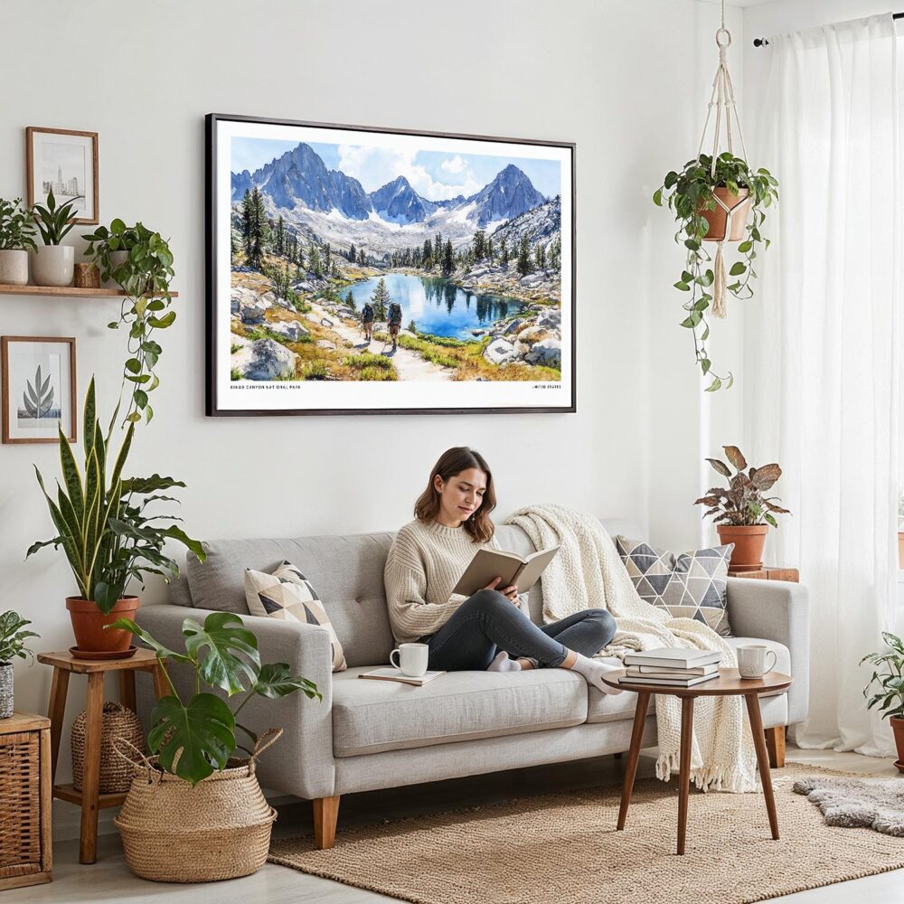 02 - Framed Kings Canyon National Park Watercolor - Horizontal Canvas Print - Boho Living Room with Woman reading.jpg 02 - Framed Kings Canyon National Park Watercolor - Horizontal Canvas Print - Boho Living Room with Woman reading.jpg