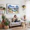 02 - Framed Kings Canyon National Park Watercolor - Horizontal Canvas Print - Boho Living Room with Woman reading.jpg
