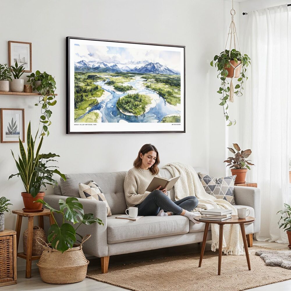 02 - Framed Kobuk Valley National Park Watercolor - Horizontal Canvas Print - Boho Living Room with Woman reading.jpg 02 - Framed Kobuk Valley National Park Watercolor - Horizontal Canvas Print - Boho Living Room with Woman reading.jpg