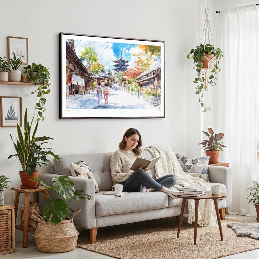 02 - Framed Kyoto Japan Watercolor Art - Horizontal Canvas Print - Boho Living Room with Woman reading.jpg 02 - Framed Kyoto Japan Watercolor Art - Horizontal Canvas Print - Boho Living Room with Woman reading.jpg