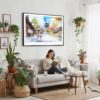 02 - Framed Kyoto Japan Watercolor Art - Horizontal Canvas Print - Boho Living Room with Woman reading.jpg