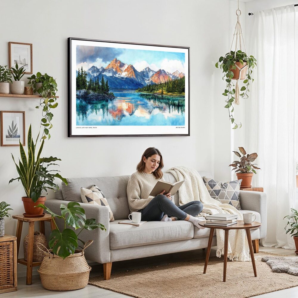 02 - Framed Lake Clark National Park Watercolor - Horizontal Canvas Print - Boho Living Room with Woman reading.jpg 02 - Framed Lake Clark National Park Watercolor - Horizontal Canvas Print - Boho Living Room with Woman reading.jpg