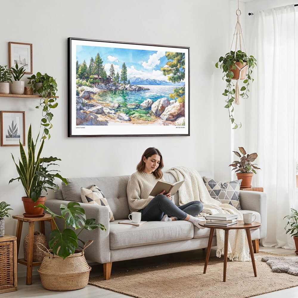 02 - Framed Lake Tahoe Watercolor - Horizontal Canvas Print - Boho Living Room with Woman reading.jpg 02 - Framed Lake Tahoe Watercolor - Horizontal Canvas Print - Boho Living Room with Woman reading.jpg