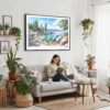 02 - Framed Lake Tahoe Watercolor - Horizontal Canvas Print - Boho Living Room with Woman reading.jpg
