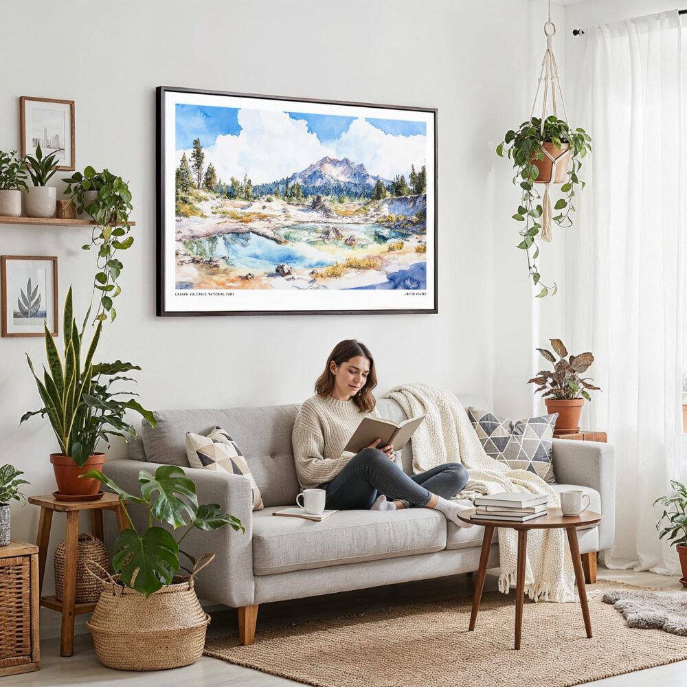 02 - Framed Lassen Volcanic National Park Watercolor - Horizontal Canvas Print - Boho Living Room with Woman reading.jpg 02 - Framed Lassen Volcanic National Park Watercolor - Horizontal Canvas Print - Boho Living Room with Woman reading.jpg